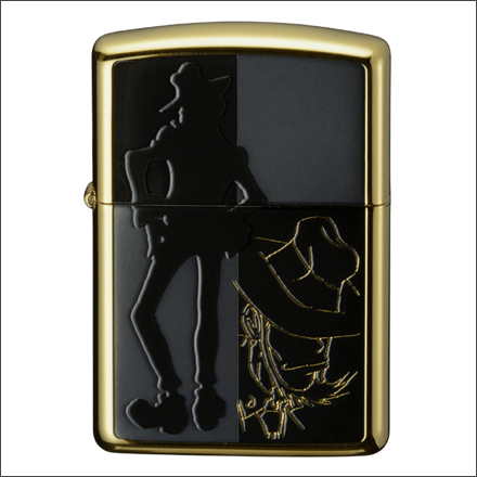 ルパン三世・ジッポ「トリプルシルエット」発売。浮かび上がるブラックサテーナのシルエット。黒と金で、次元大介の表情をシンプルに表現しています。